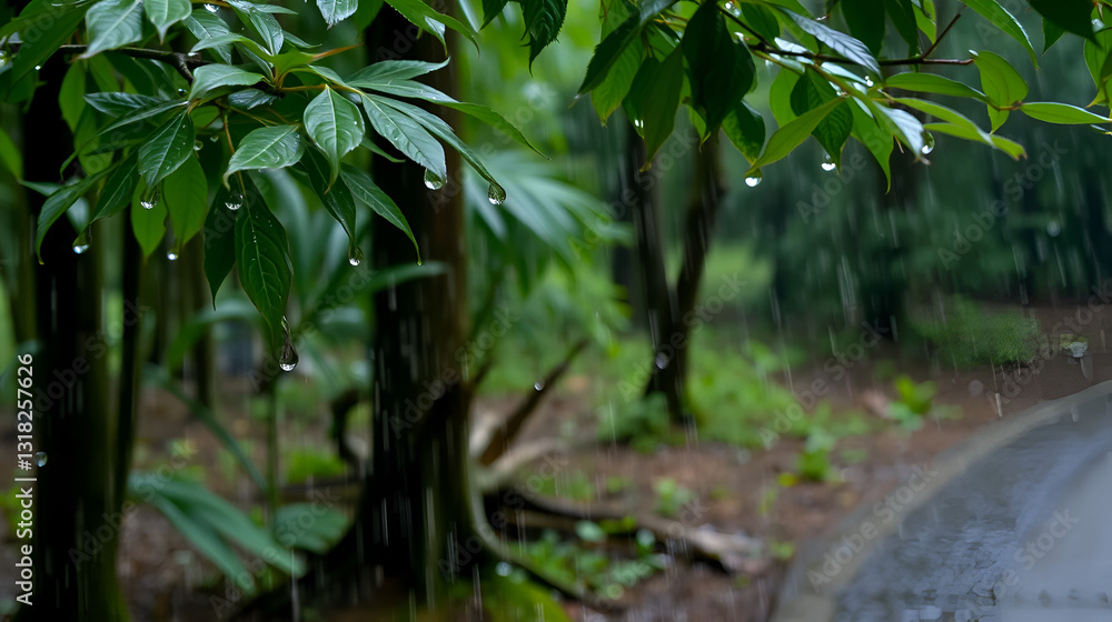 Obraz premium Gentle rainfall in a forest, with droplets clinging to leaves and the ground glistening from the moisture, creating a peaceful ambiance.