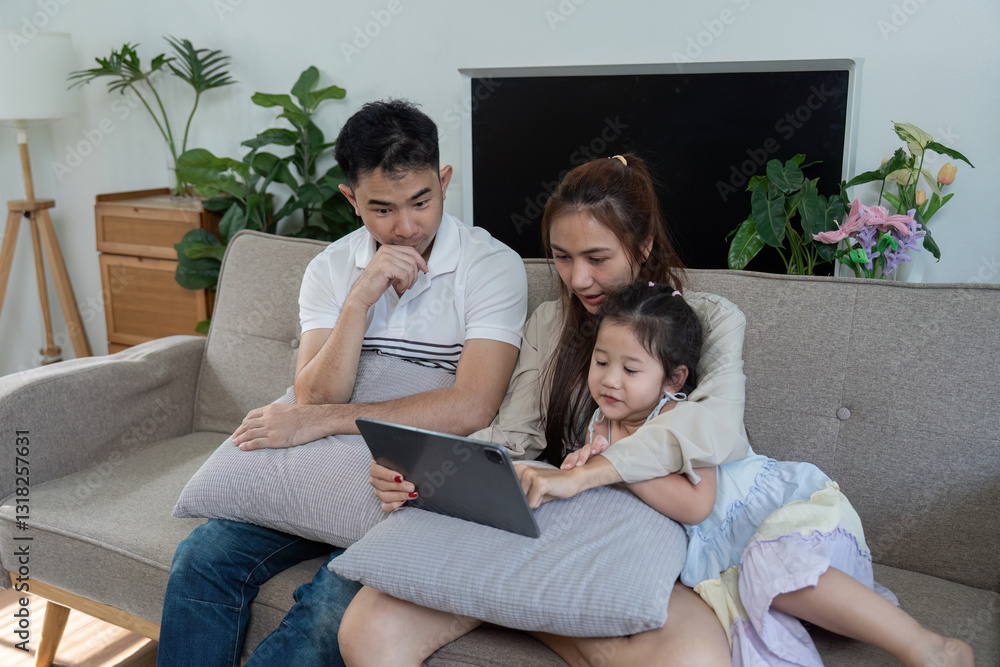 Family enjoying time together on a couch, exploring a tablet with joy and laughter. Family enjoying time together on a couch, exploring a tablet with joy and laughter.