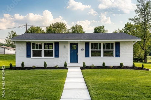 A classic, white bungalow with blue shutters and a green lawn in St. Louis, it has an extra-wide front door on the left side of the house and a garage behind it
