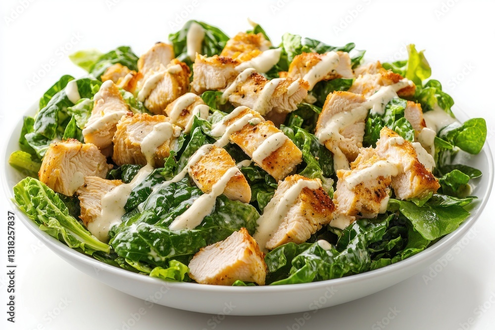 Close up of appetizing chicken caesar salad a gourmet dish with fresh organic lettuce Close up of appetizing chicken caesar salad a gourmet dish with fresh organic lettuce