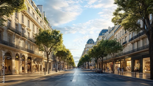 Fototapeta Naklejka Na Ścianę i Meble -  Elegant Parisian avenue lined with luxury boutiques and stately architecture
