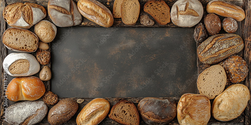 Fototapeta premium Draufsicht auf einen Rahmen mit Brot und mit Platz für Text in der Mitte - Werbeschild Flyer