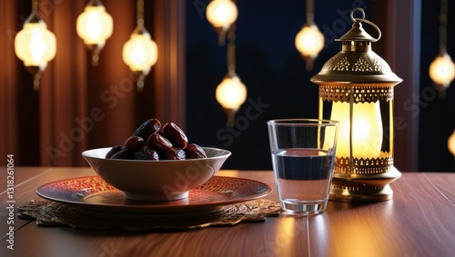 Traditional Islamic Iftar Table with Delicious Dishes and Ramadan Lanterns
