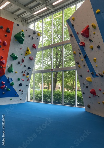 Colorful climbing wall in therapy center enhances motor skills in pediatric physical therapy. wallpaper, background