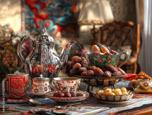 Exquisite Tea Set with Dates and Sweets in Elegant Setting