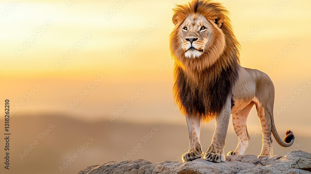 Fototapeta premium A majestic lion with a flowing mane stands on a rocky outcrop during sunset, symbolizing strength and leadership The golden hues of sunset create a dramatic backdrop