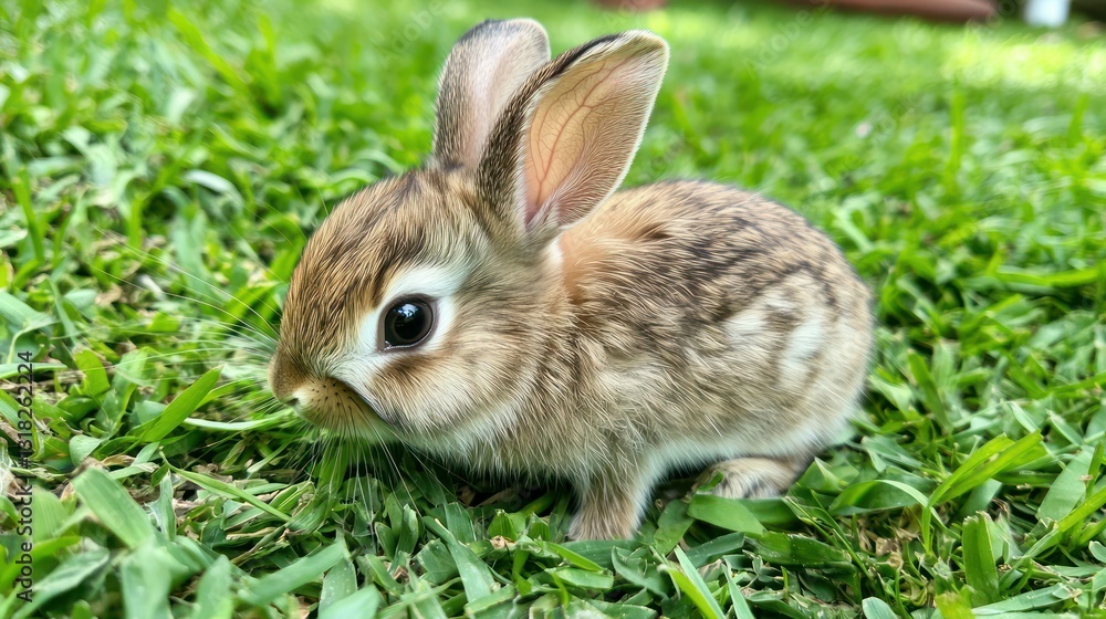 Fototapeta premium A baby rabbit nibbling on fresh grass in a green field