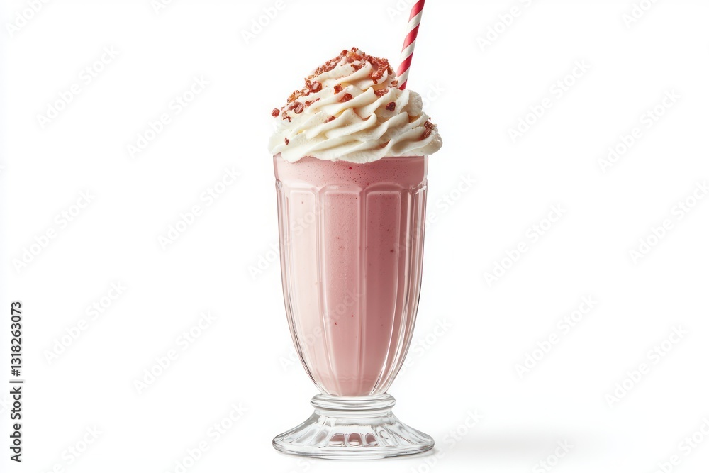 Refreshing delight a strawberry milkshake adorned with whipped cream and a vibrant red striped straw Refreshing delight a strawberry milkshake adorned with whipped cream and a vibrant red striped straw