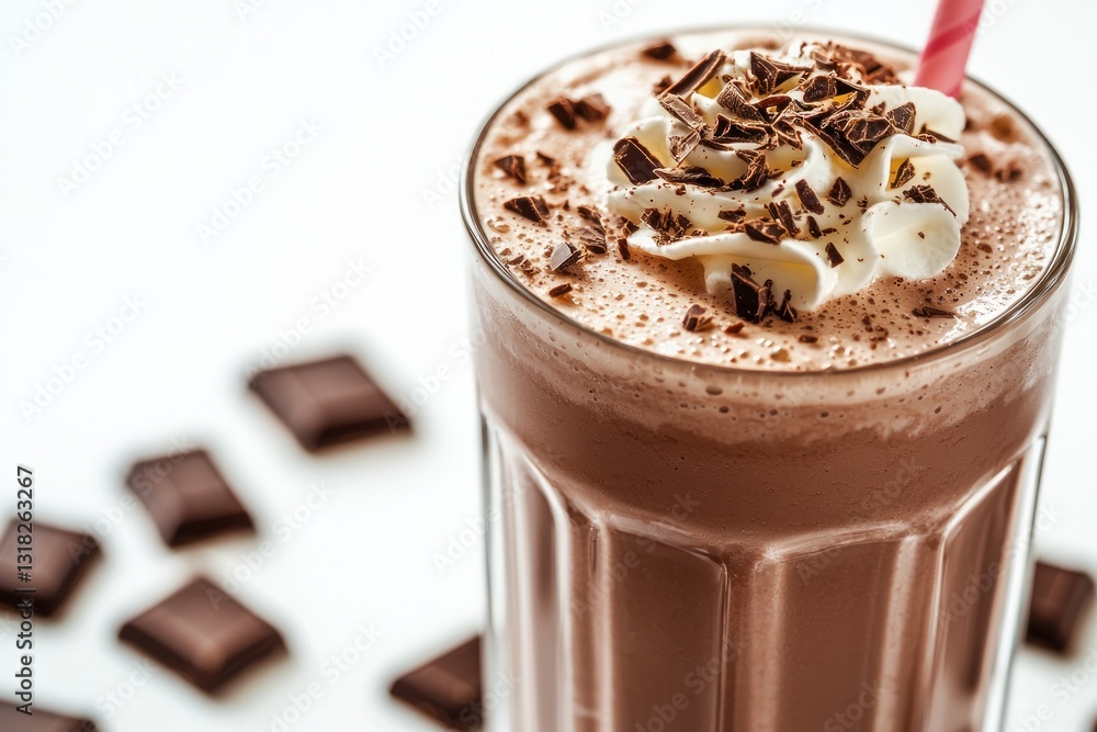 Delicious chocolate milkshake garnished with whipped cream and chocolate shavings on a white background Delicious chocolate milkshake garnished with whipped cream and chocolate shavings on a white background