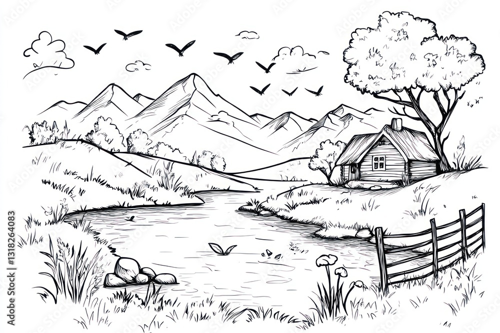 Fototapeta premium Cabin by lake, mountain view, birds flying, nature scene, idyllic illustration