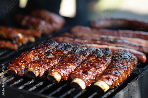 A sizzling bbq photo of various meats and vegetables