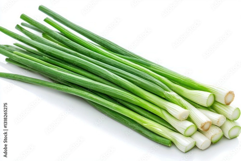 Fresh vibrant green onion stalks on bright white backdrop culinary herb and vegetable background Fresh vibrant green onion stalks on bright white backdrop culinary herb and vegetable background