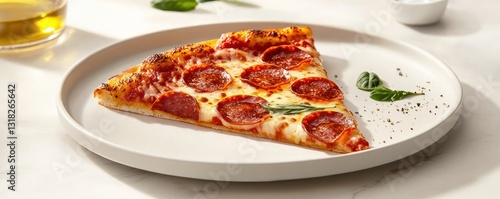 Delicious pepperoni pizza slice on white plate with fresh basil and olive oil for restaurant promotion