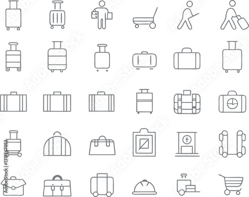 Set of 30 outline icons related to luggage. Linear icon collection. Vector illustration