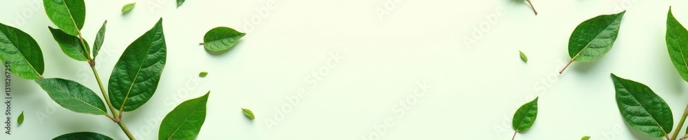 Obraz premium delicate green leaves scattered on white surface, white, botanical, background