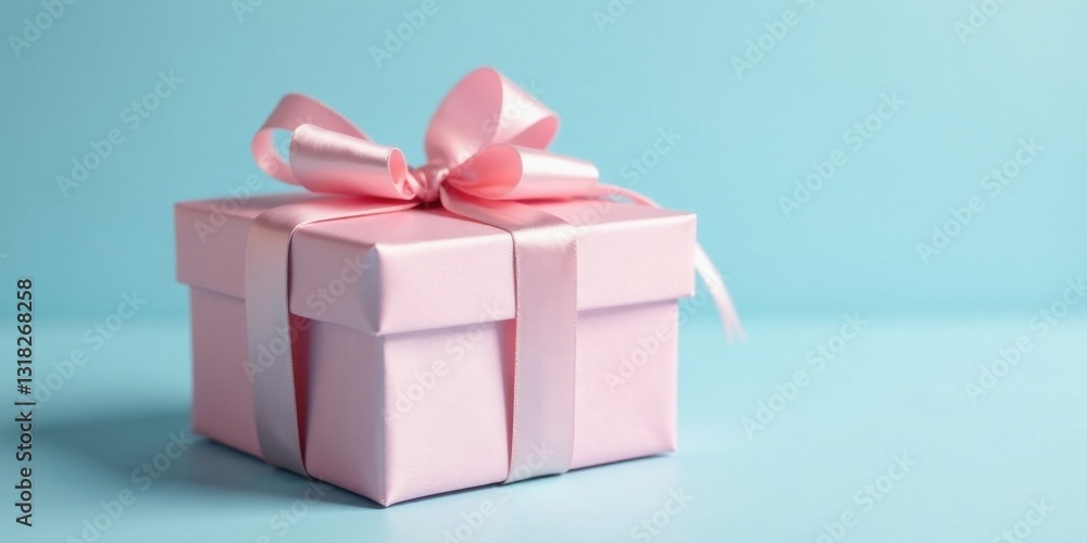 A delicately tied pink ribbon adorns a pale pink gift box, presenting a charming and delightful image perfect for conveying celebration and joy. A delicately tied pink ribbon adorns a pale pink gift box, presenting a charming and delightful image perfect for conveying celebration and joy.