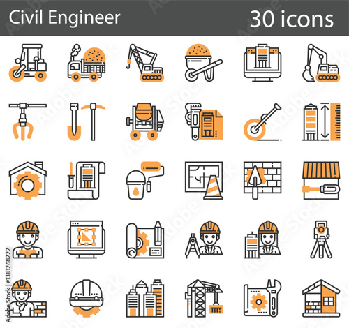 Civil Engineer Line Icons Set. Collection of 30 outline icons representing construction, infrastructure, and architectural engineering.  vector illustration