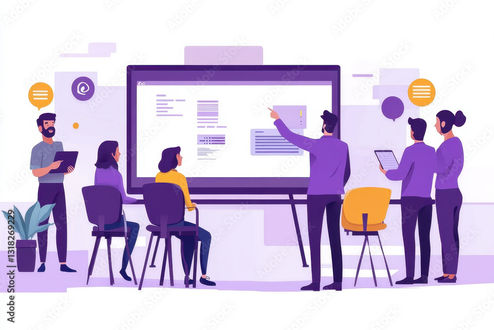 People in a meeting room discussing a project displayed on a large screen. People in a meeting room discussing a project displayed on a large screen.