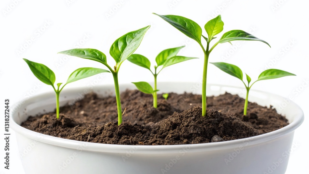 Macro Photo: Pepper Seedlings Sprouting in White Pot on White Background Macro Photo: Pepper Seedlings Sprouting in White Pot on White Background