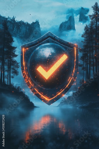 Abstract illustration featuring a glowing shield with a check mark, set against a tranquil forest and mountain backdrop, creating an enchanting atmosphere.
