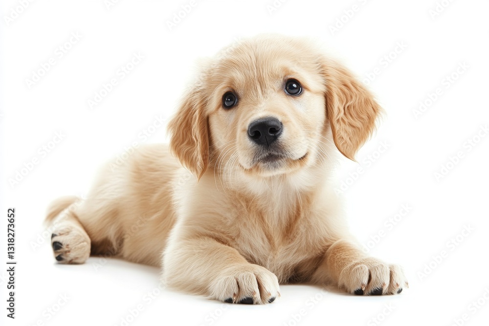 Obraz premium A charming golden retriever puppy rests calmly on a white background, showcasing its soft fur and endearing expression, perfect for pet lovers and animal enthusiasts.