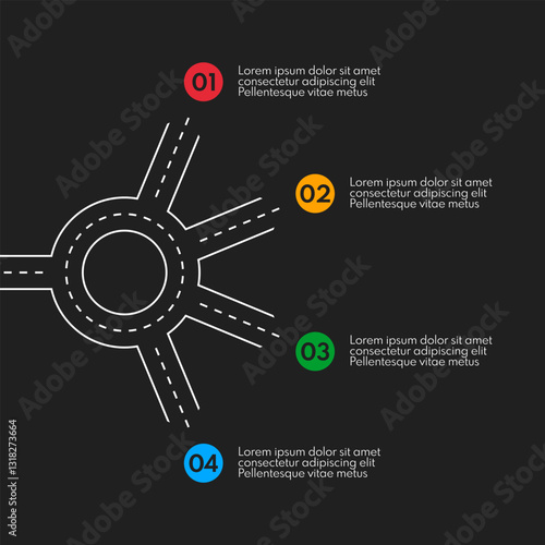 roundabout with 4 exits, round crossroad vector infograpjic, white chart on black background