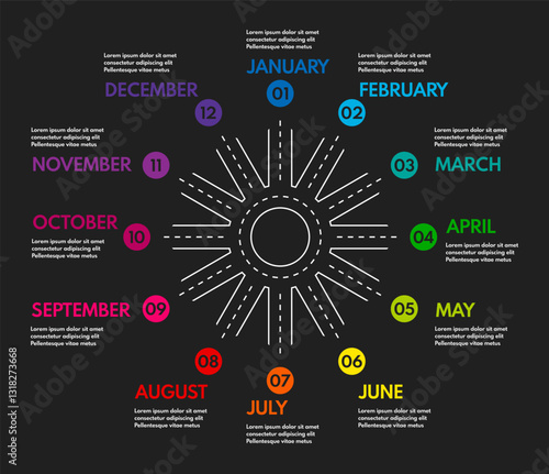 roundabout with 12 exits, round crossroad vector infograpjic, white chart on black background
