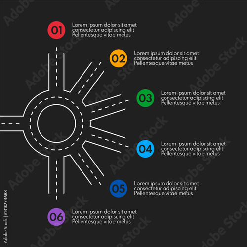 roundabout with 6 exits, round crossroad vector infograpjic, white chart on black background