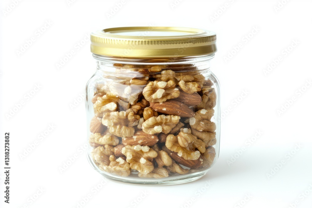Healthy Snack of Walnuts and Almonds in Glass Jar on White Backdrop for Website Banner Advert Healthy Snack of Walnuts and Almonds in Glass Jar on White Backdrop for Website Banner Advert