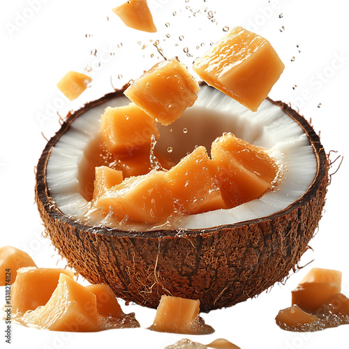Coconut Slices and Papaya Chunks Scattering Isolated on Transparent Background