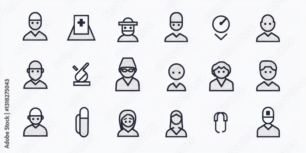 Outline icons of people in medical settings Outline icons of people in medical settings