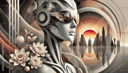 Futuristic cybernetic woman with a sleek robotic design, wearing reflective visor glasses, set against a sci-fi city skyline with a glowing sunset and floral mechanical elements.