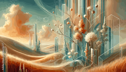 Surreal landscape blending futuristic crystal structures with organic wheat fields, featuring soft golden hues, flowing forms, and an ethereal dreamlike atmosphere.