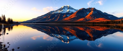 Majestic peak mirrored in still valley lake, serene sunrise , outdoor, landscape