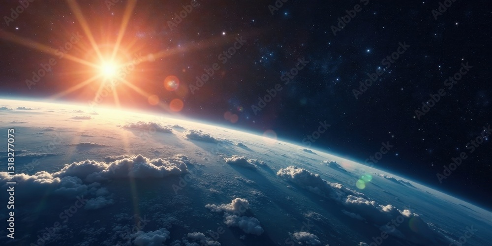 Fototapeta premium A Stunning Sunrise Over a Cloud-Covered Planet, Viewed From Orbit, Showing the Vastness of Space and the Beauty of Earth's Atmosphere