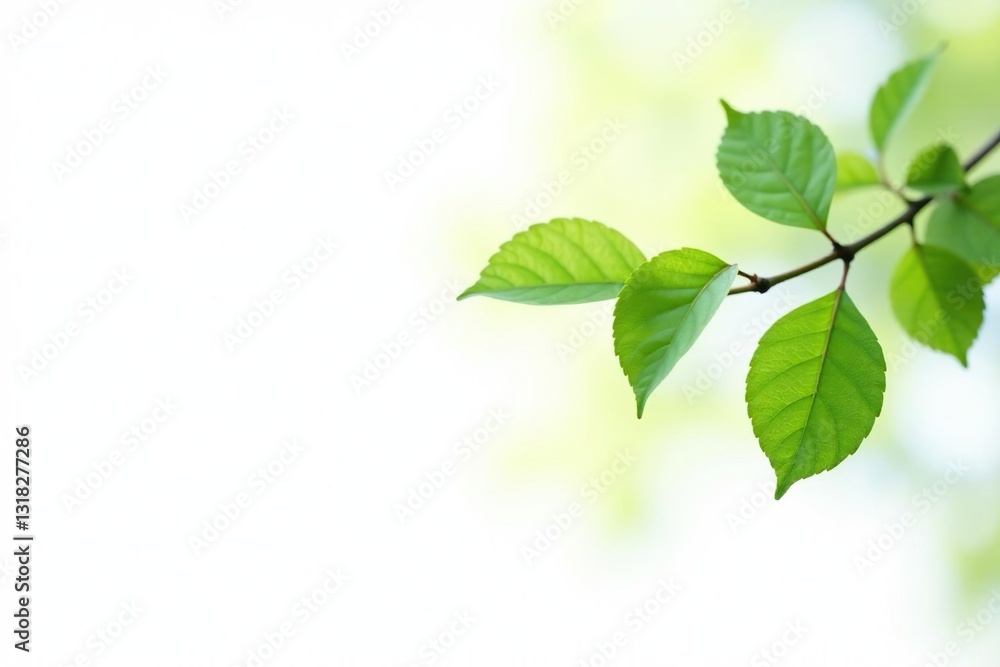 Single branch with some leaves hanging down against white background, green, simple Single branch with some leaves hanging down against white background, green, simple