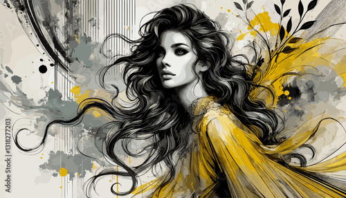 Elegant digital painting of a woman with flowing hair in a dynamic pose, blending monochrome tones with bold yellow accents in a modern, expressive art style.