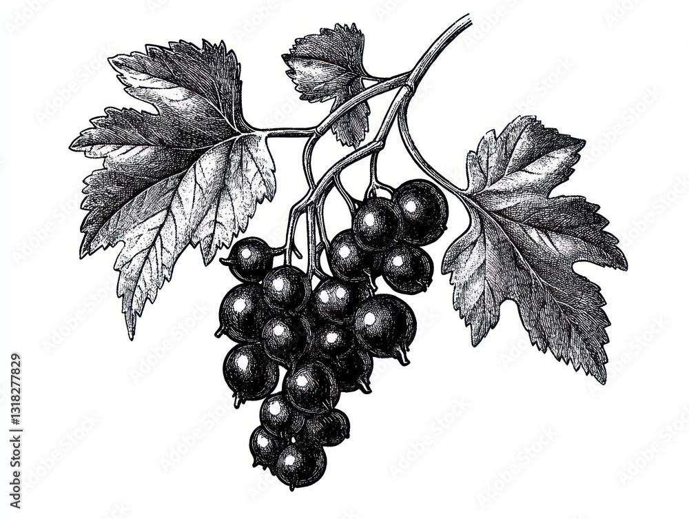 Obraz premium Blackcurrant branch, pencil sketch, white background, food illustration