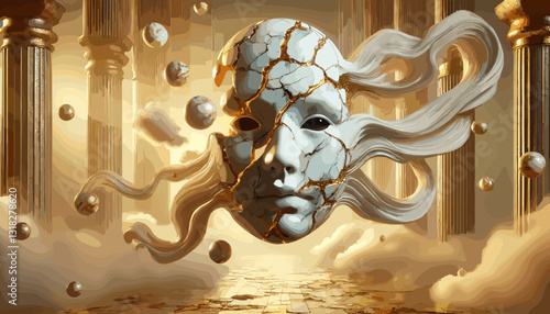 Surreal digital painting of a floating cracked mask with flowing tendrils, golden accents, and levitating spheres, set in a divine temple above the clouds.