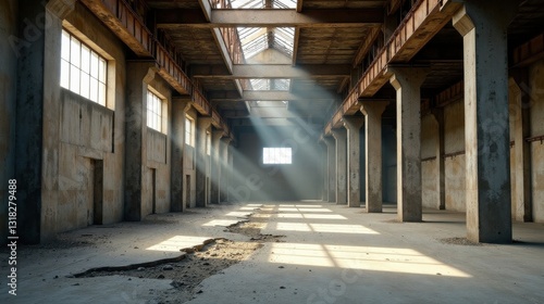 Wallpaper Mural Sunbeams Illuminate a Derelict Industrial Space, Casting Shadows on Weathered Concrete Floors and Rusted Steel Beams, Creating a Dramatic and Atmospheric Scene of Decay and Abandonment Torontodigital.ca