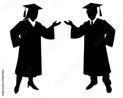 Black silhouette of man and woman graduation, vector icon isolated on white background.