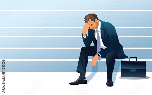 Depressed sad man sitting on the stairs of a business building, businessman in business clothes tired, jobless worried problem economic  Person failure . vector, illustrationconcept.