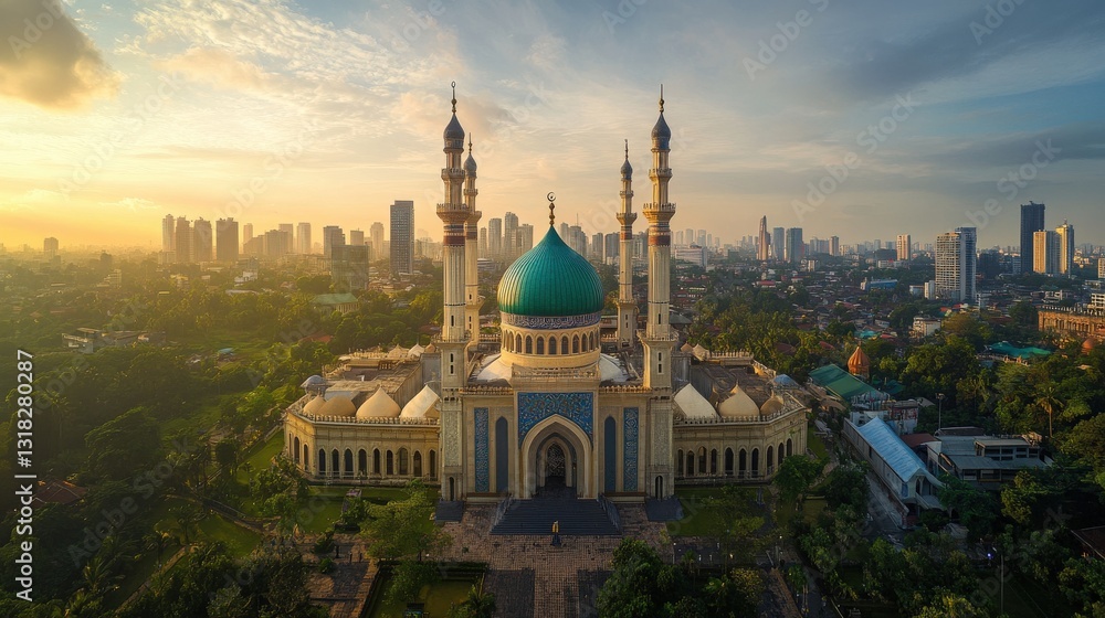 Fototapeta premium An aerial photograph depicts a large mosque in an urban setting