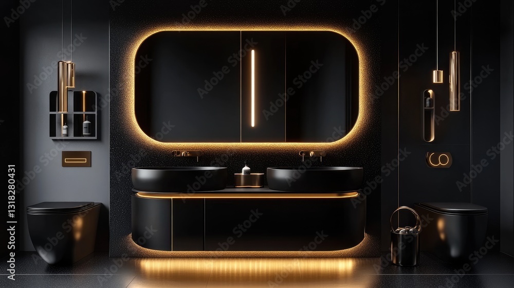 Obraz premium High-end luxury bathroom with a black and gold theme, sleek surfaces, and an illuminated vanity mirror.