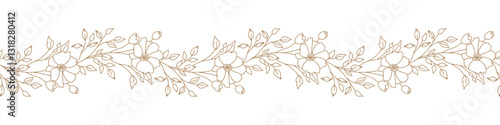 Floral border with blooming branches, leaves and flowers. Seamless horizontal background with beautiful hand drawn garland in line art style. Vector illustration