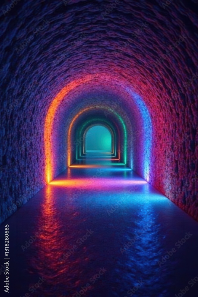 Fototapeta premium Illuminated Passageway A Serene Journey Through a Vibrant, Arched Tunnel with Reflective Surface