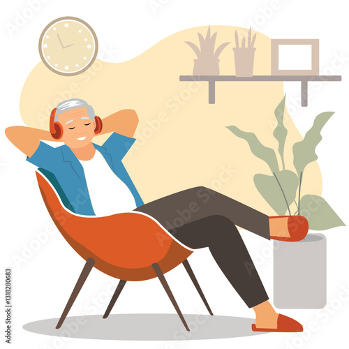 eldery man wear casual shirt with head phones lay down on blue chair listen to music sleep take nap stay at home . resting, relax spend free spare time in living room indoors. vector,