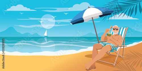  tourist elderly man relaxing on a sandy beach. destination for summer travel holidays concept. vector.