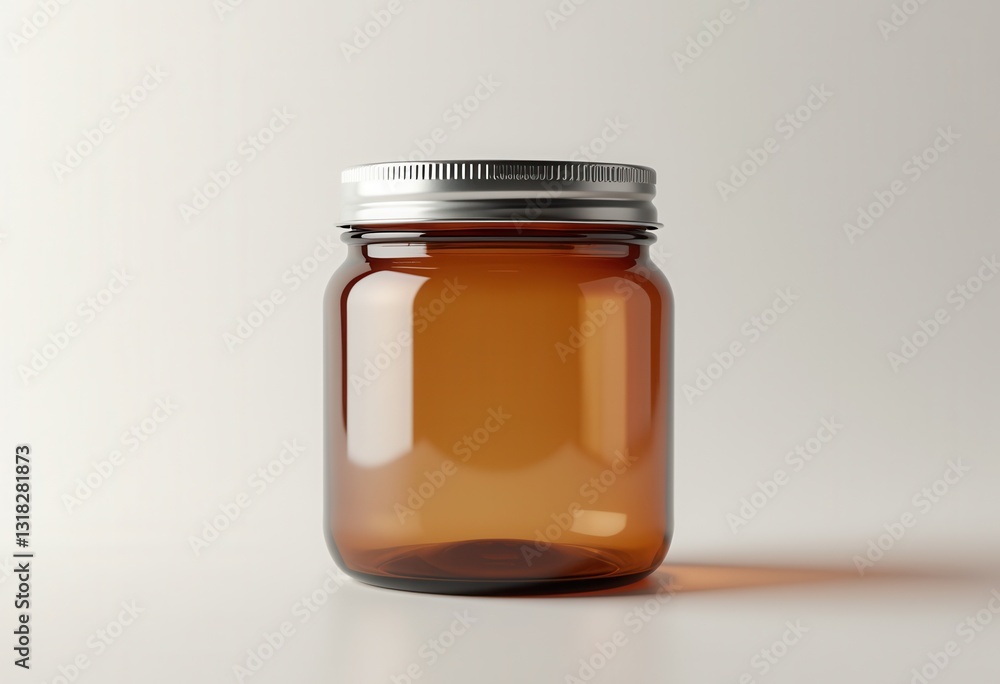 Glass jar mockup with amber container and metal lid. Glass jar mockup with amber container and metal lid.