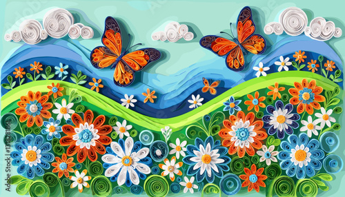Quilling-style digital illustration of a colorful floral landscape with rolling hills, orange butterflies, and swirling paper-like textures. Vibrant, artistic, and whimsical.